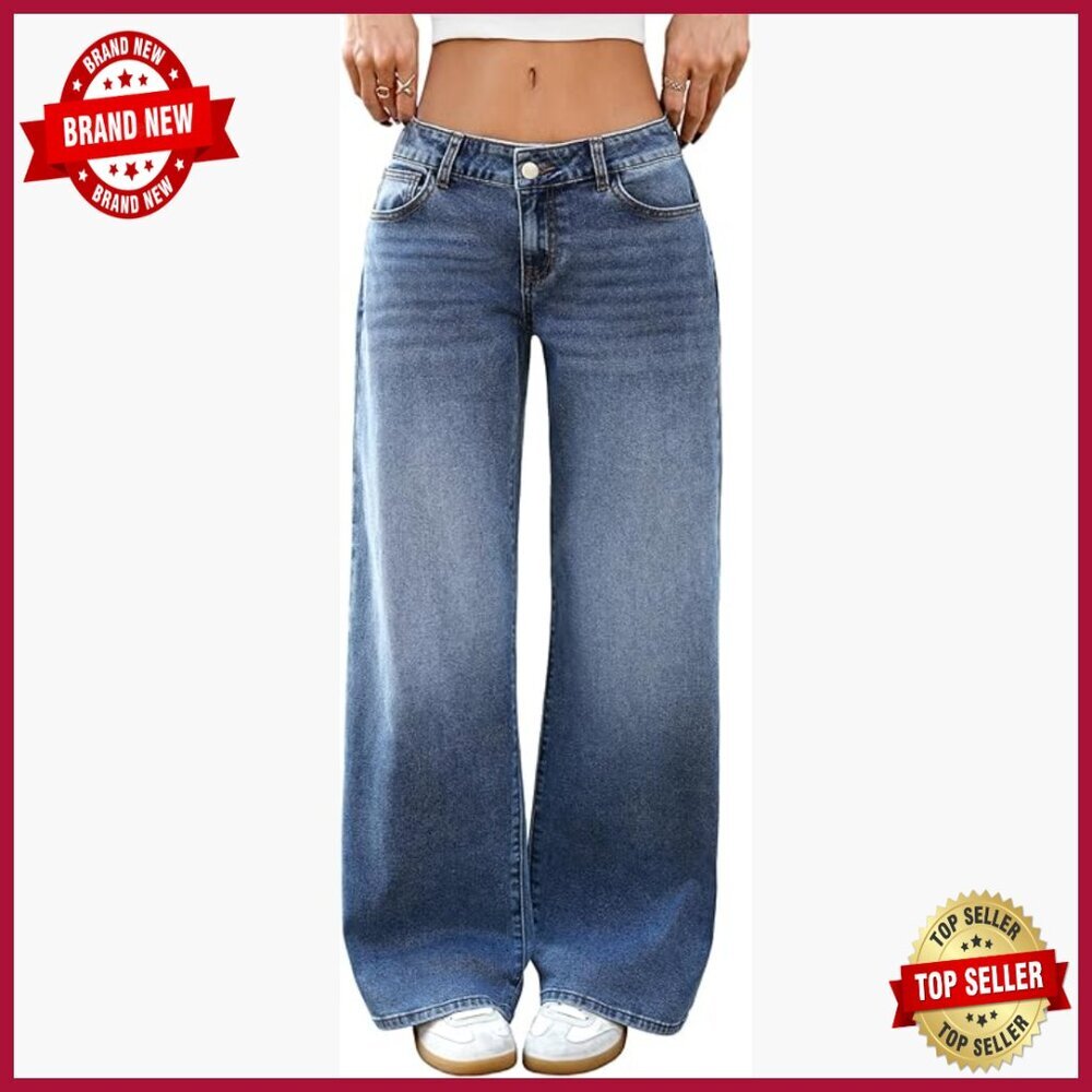 Low-Rise Wide Leg Baggy Jeans Stretchy Boyfriend Fit Women's Denim Pants